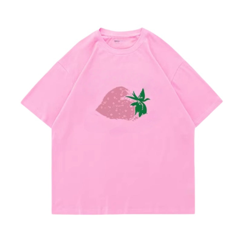 Oversized Pink Lightweight T-Shirt with Strawberry Print